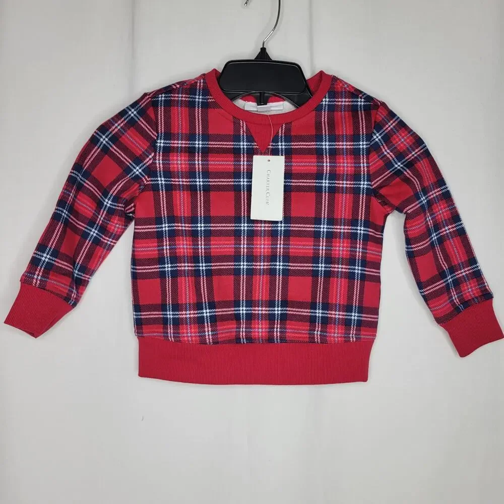 Charter Club Kids Crewneck Top Sweater Cardinal Holiday Plaid Xmas NWT 2T-3T